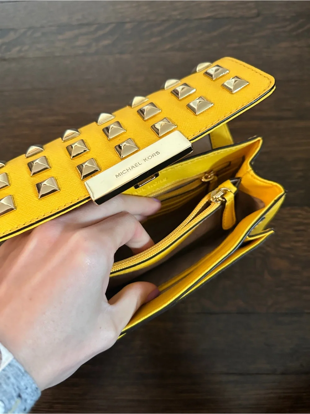 Michael Kors Yellow Studded Leather Chain Shoulder Crossbody